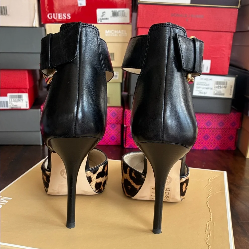 Michael Kors Leopard Print Pointed Toe Ankle-Strap Heels - Black/Leopard - Picture 4 of 6